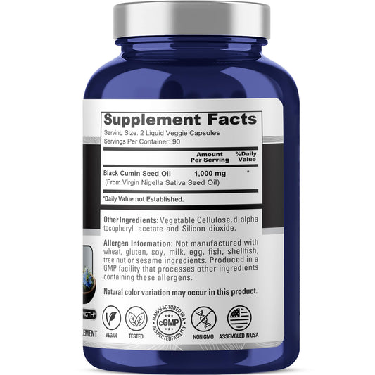 NusaPure Black Seed Oil 1,000 mg per Serving 180 Softgel Capsules (Non-GMO, Vegetarian & Vegan) Cold-Pressed Virgin Nigella Sativa. Hexane Free