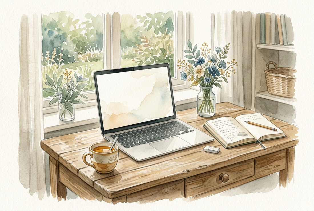 Watercolor illustration of a cozy wooden desk with a laptop, open notebook, flowers, and a cup of tea.