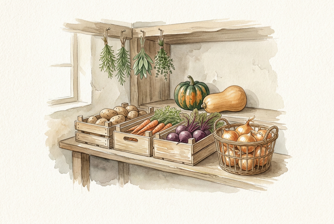Watercolor harvest scene with potatoes, root vegetables, onions, winter squash, and hanging herbs in a rustic pantry.