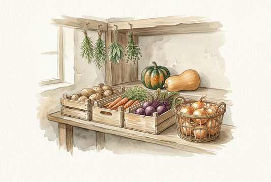 Watercolor harvest scene with potatoes, root vegetables, onions, winter squash, and hanging herbs in a rustic pantry.