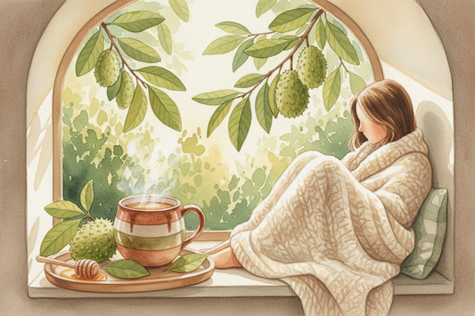 A beautiful watercolor painting of steaming soursop tea with a cozy person relaxing in a warm, comfortable space