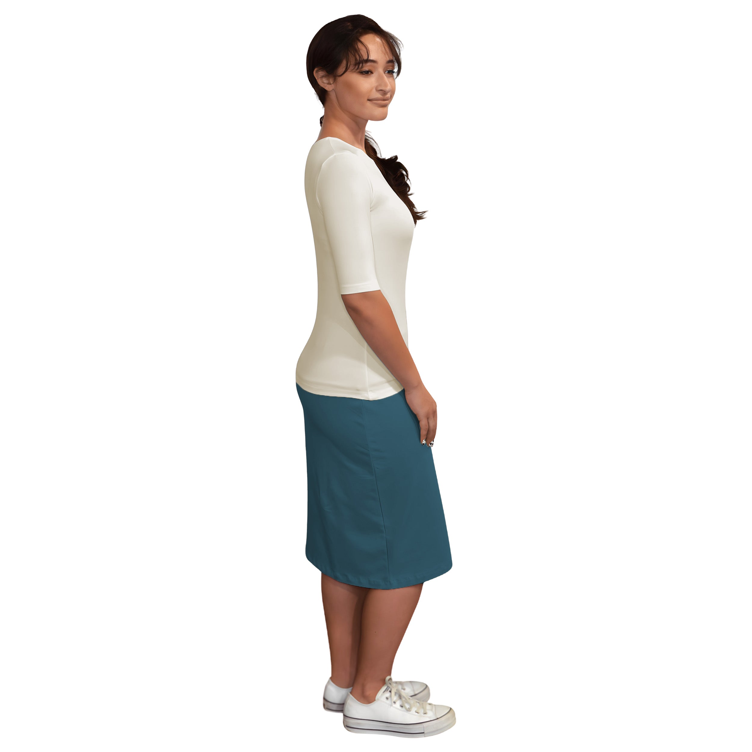 Women's and Plus Size Fitted Layering Shell - Modest Round Neck with Elbow Sleeves