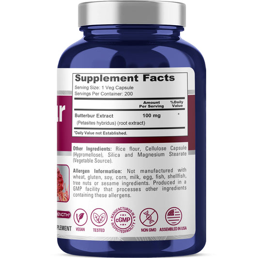 NusaPure Butterbur Extract 100mg per caps 200 Veggie Capsules (Non-GMO, Vegetarian, Vegan)