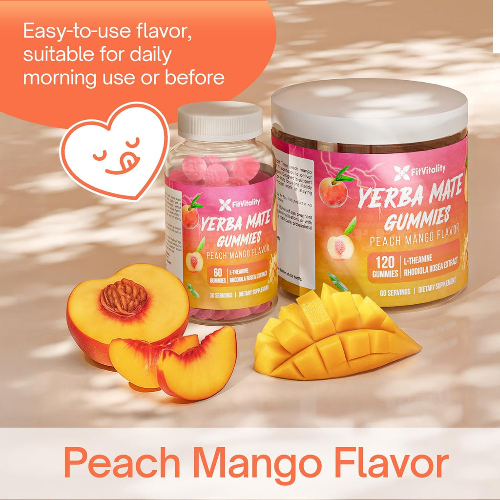 Yerba Mate Gummies – Super Focus & Energy Support – Formulated with Yerba Mate Extract, L-Theanine, Rhodiola, Ginseng, Choline, B12 – Peach Mango Flavor