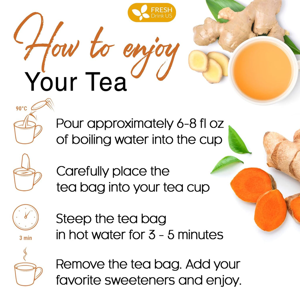 Premium Ginger Turmeric Tea Bags, Hand-made Blend of Ginger and Turmeric Herbal Tea, Eco-conscious Tea Bags. No Sugar, No Caffeine, No Gluten, Vegan.