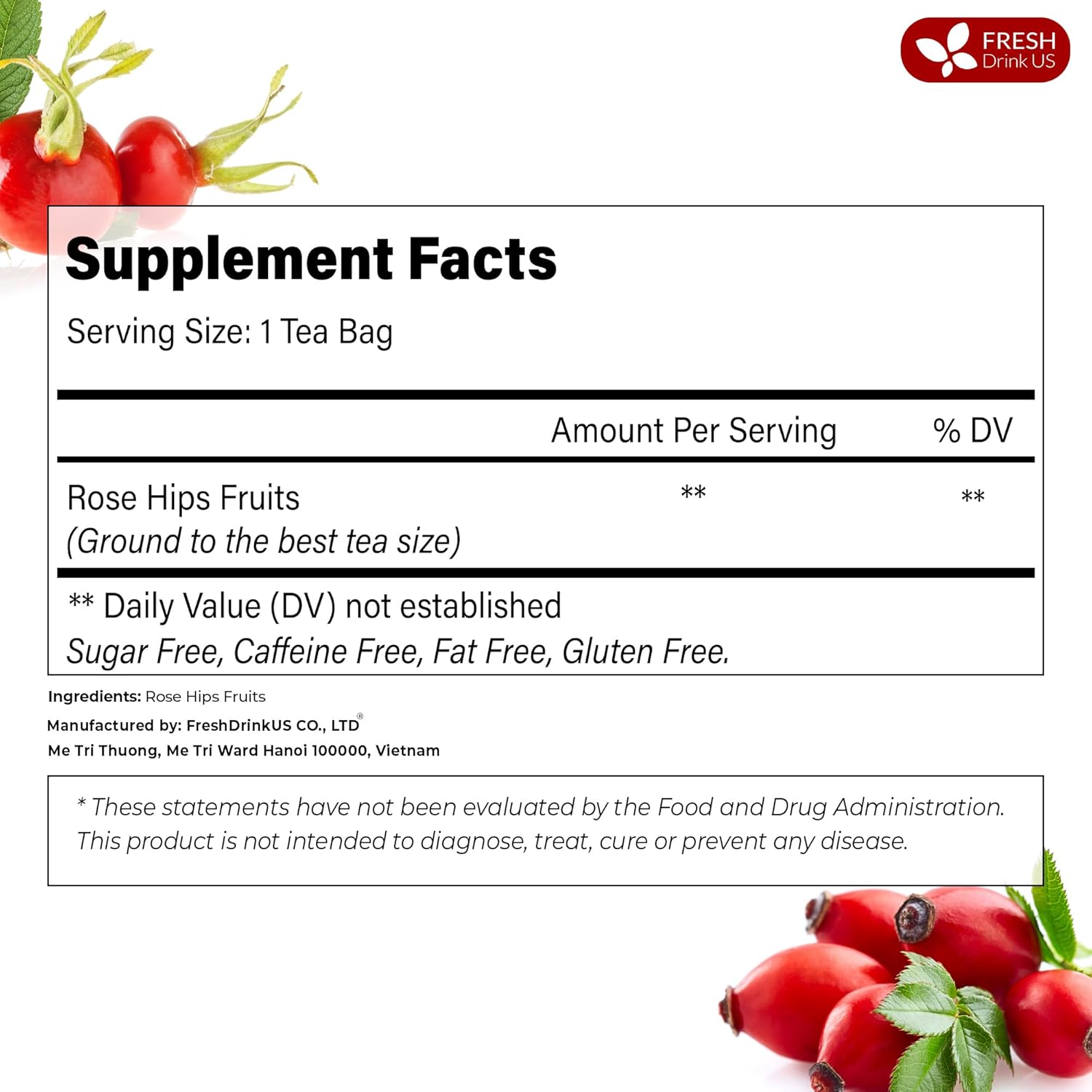 Premium Rosehip Tea Bags, 100% Natural & Pure from Rose Hip Fruits.