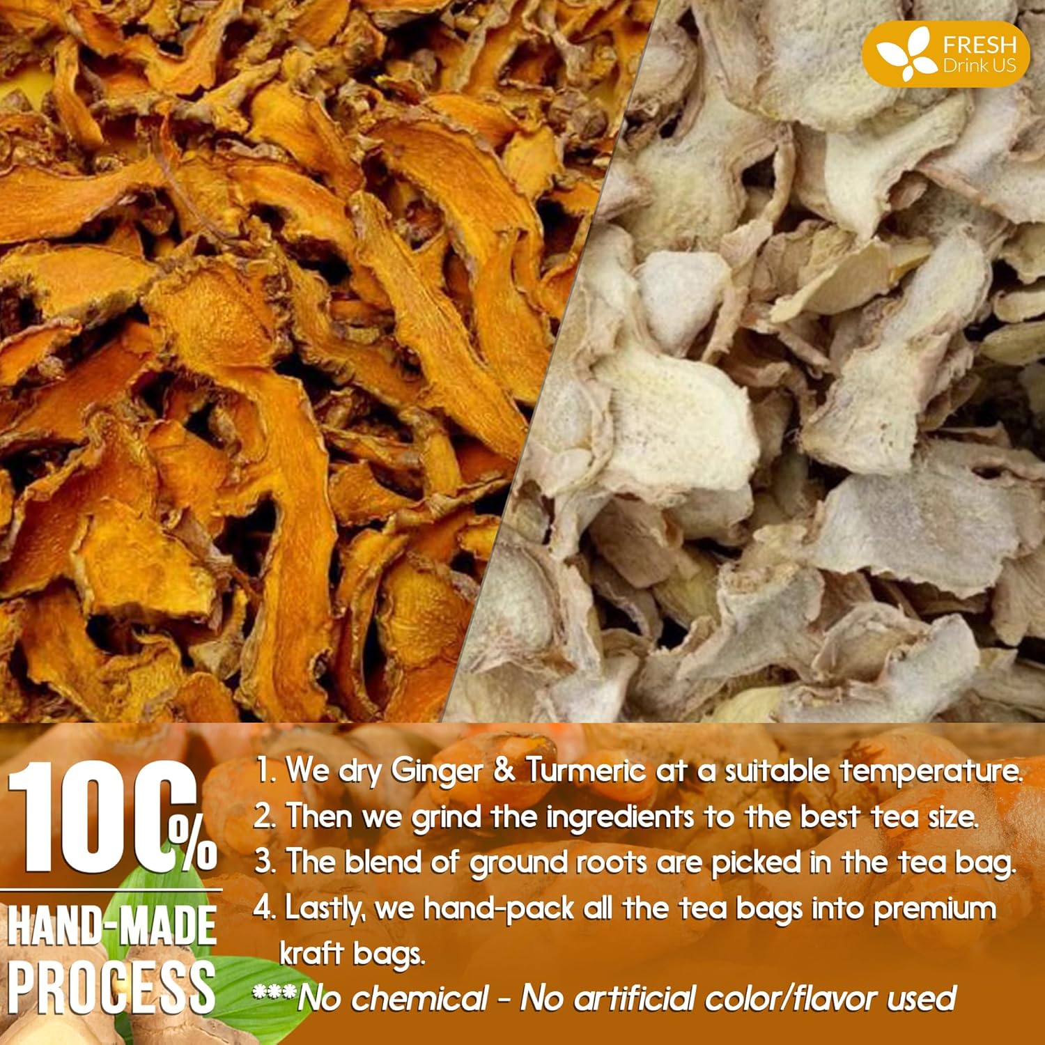 Premium Ginger Turmeric Tea Bags, Hand-made Blend of Ginger and Turmeric Herbal Tea, Eco-conscious Tea Bags. No Sugar, No Caffeine, No Gluten, Vegan.