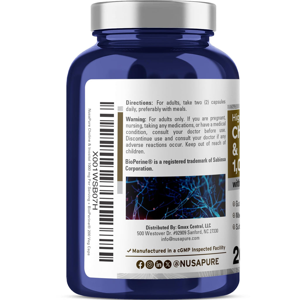 NusaPure Choline & Inositol - Suitable for Vegetarian/Vegan, Non - GMO - 1000mg - 200 Veggie Capsules