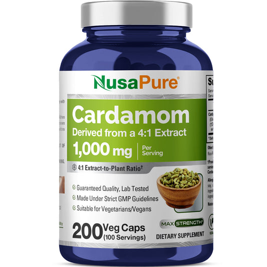 NusaPure Cardamom 4:1 Extract, 1000 mg 200 Vegetarian Capsules (Non-GMO, Vegan)