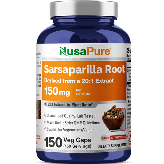 NusaPure Sarsaparilla Root 20:1 Extract - Suitable for Vegetarian/Vegan, Non - GMO - 150 mg - 150 Capsules