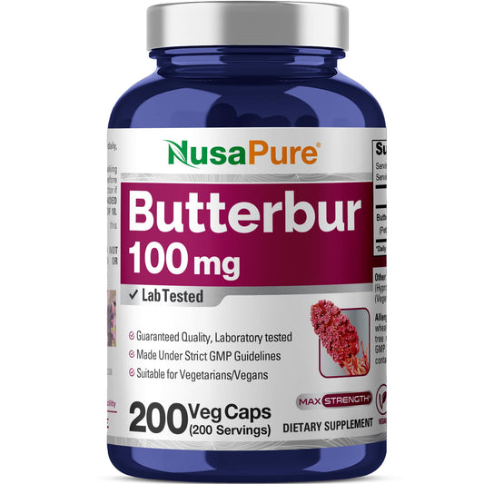 NusaPure Butterbur Extract 100mg per caps 200 Veggie Capsules (Non-GMO, Vegetarian, Vegan)